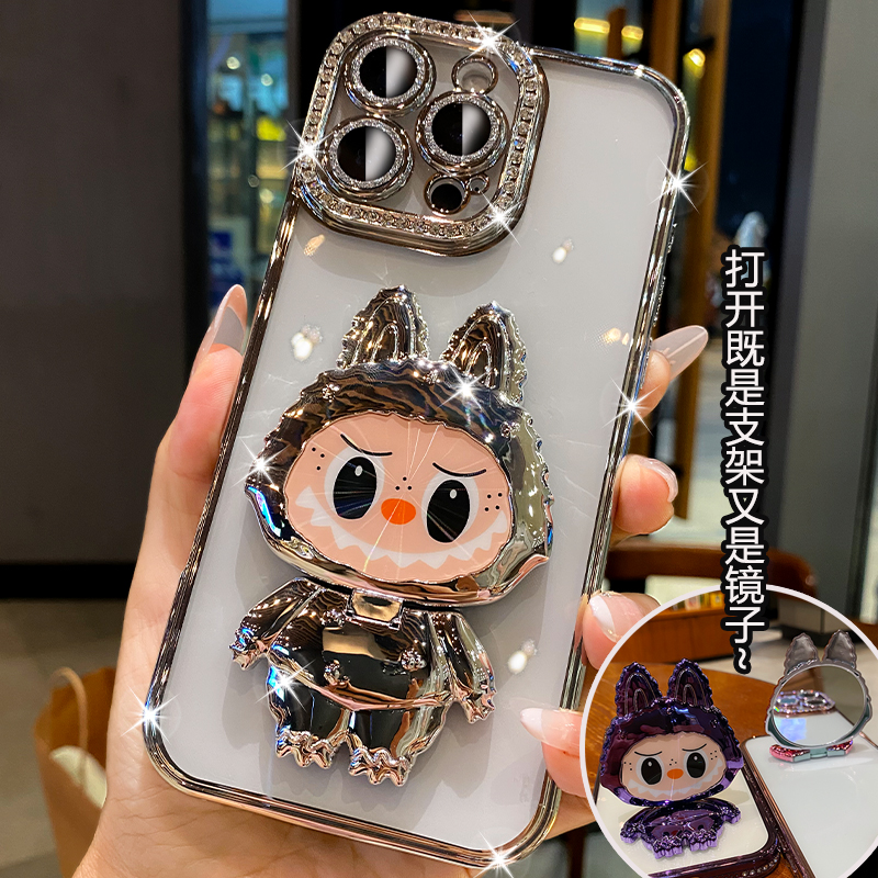 奢华水钻全包适用苹果16promax手机壳新款iPhone15拉布布14pro卡通可爱镜子支架13高级感女12爆闪11透明plus