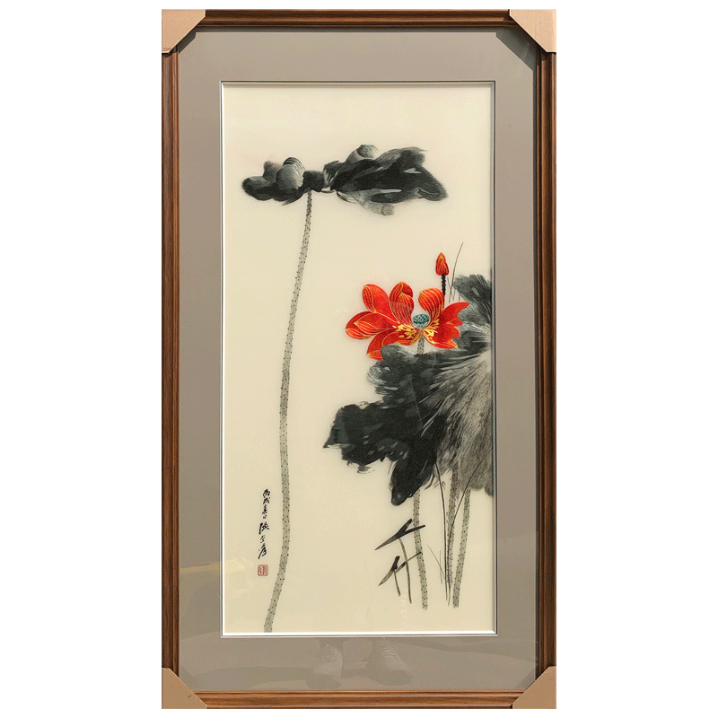 苏秀天地手工苏绣刺绣水墨荷花客厅玄关书房卧室过道装饰挂画苏绣