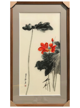 苏秀天地手工苏绣刺绣水墨荷花客厅玄关书房卧室过道装饰挂画苏绣