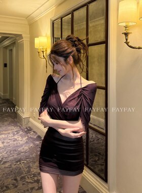 FAY【紫纱梦】纯欲风性感褶皱斗篷收腰修身显瘦包臀连衣裙