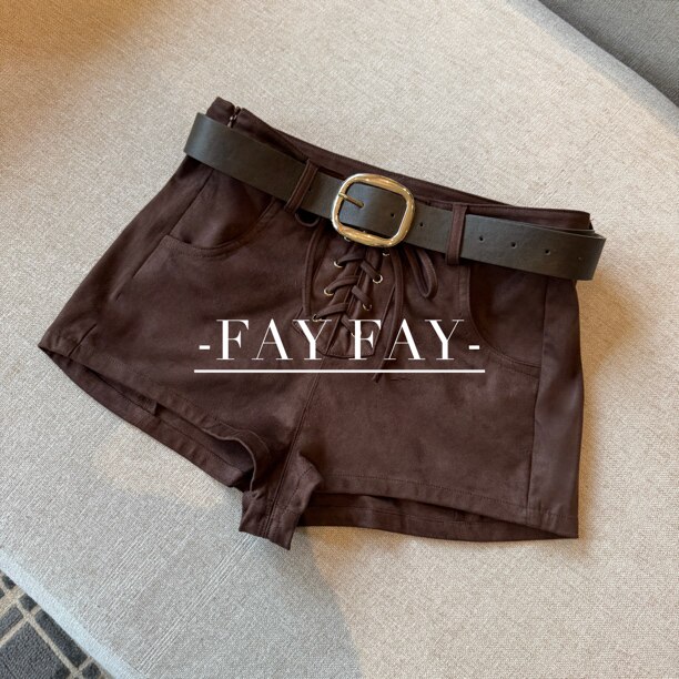 FAY【时尚周刊】个性街头BF风秋季系带夏季辣妹气质绒面短裤