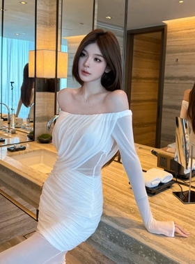 FAY【月影】轻奢气质长袖一字肩飘逸微透长款连衣裙