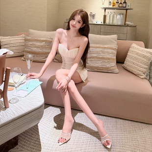 气质淑女蕾丝高定面料贝壳胸垫吊带连衣裙 法式 FAY 贝壳朵