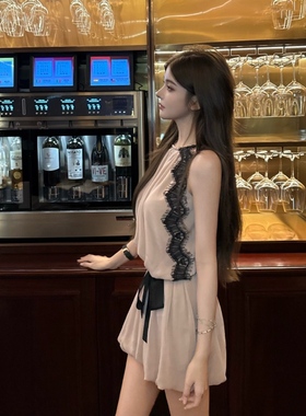 FAY【花园茶会】挂脖蕾丝拼接收腰浪漫气质系带花苞连衣裙