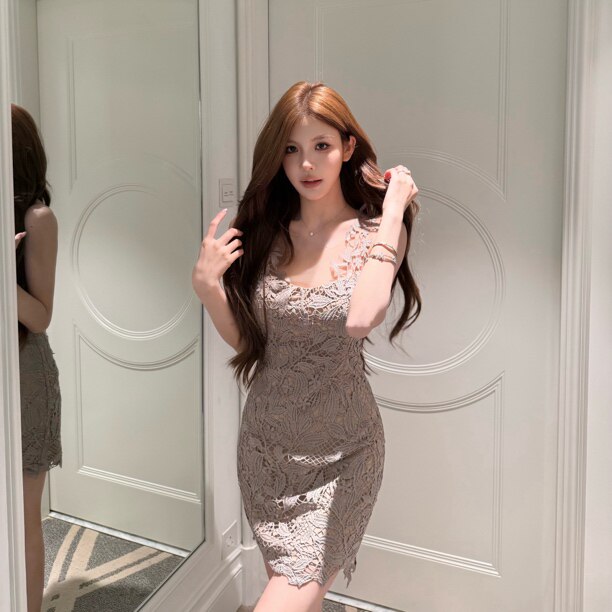 FAY【白藤花影】重工水溶蕾丝勾花无袖洋气端庄A字摆连衣裙