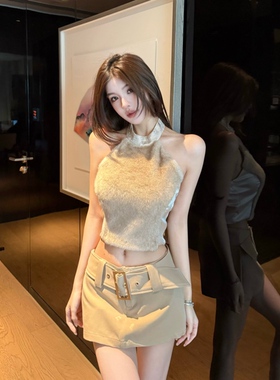 FAY【金盏爵士】挂脖烫钻设计感气质露背毛毛吊带上衣