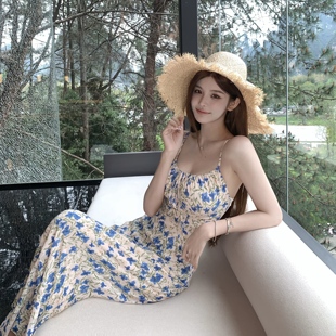 FAY【蓝色妖姬】蓝色碎花抽绳小性感包臀中长款吊带连衣裙