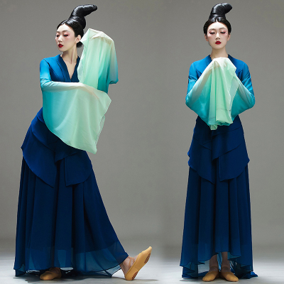 古典舞校运会演出服女只此青绿舞蹈服装千里江山图汉服水袖练功服