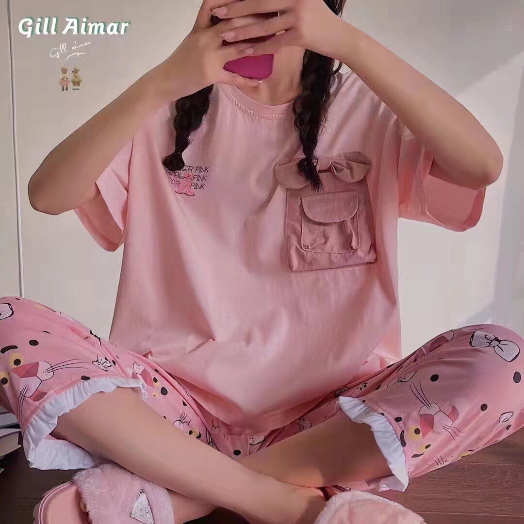 小熊家可爱卡通口袋蝴蝶结粉红豹睡衣女 春夏季新款纯棉家居服