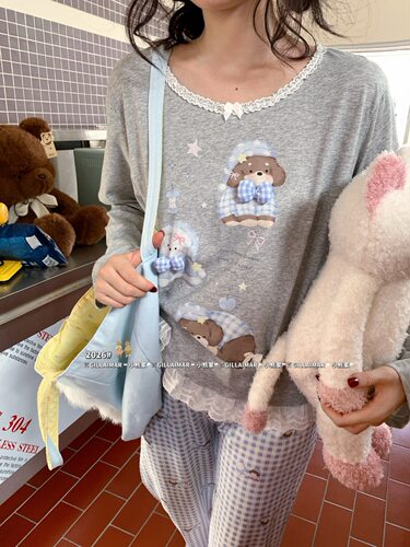Gill Aimar小熊家秋季新款韩系少女莱赛尔棉长袖睡衣女家居服套装