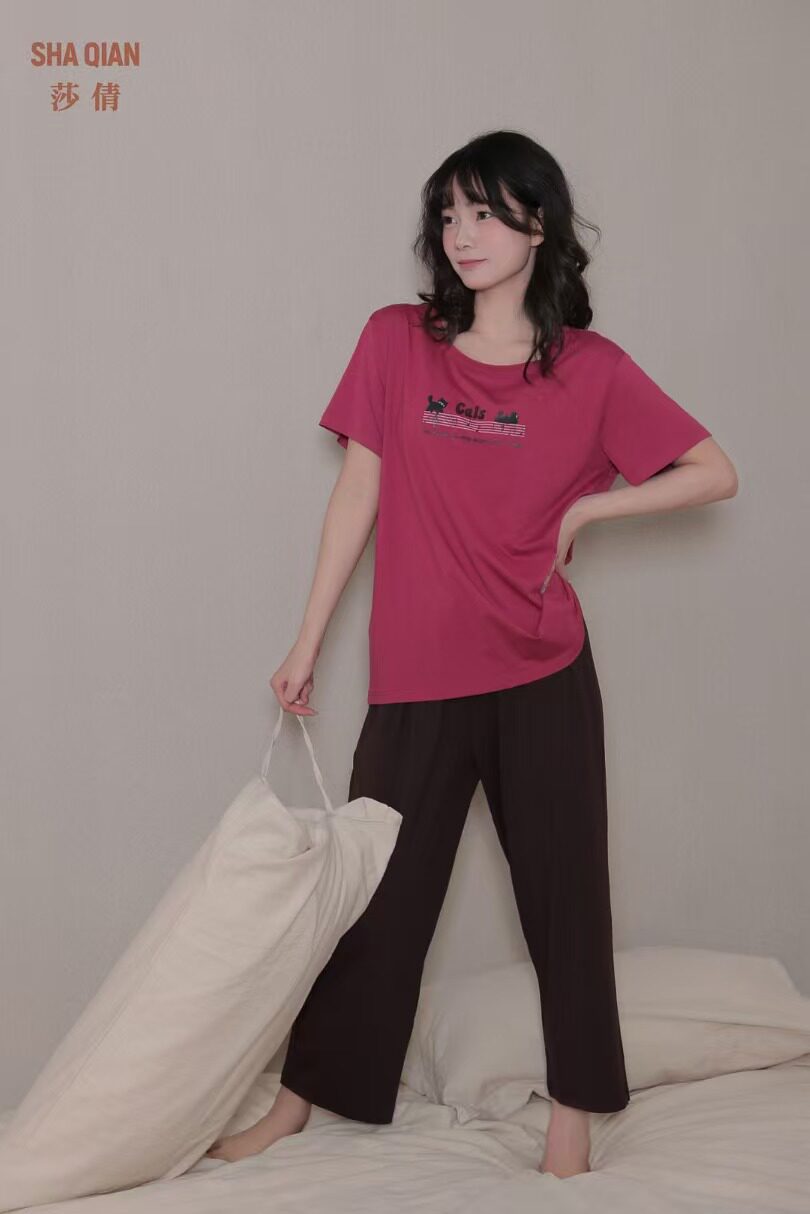 莎倩睡衣女士夏季套装薄款莫棉短袖长裤女生休闲大码家居服睡衣