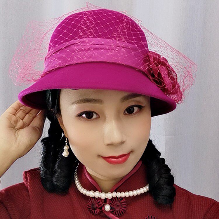 秋冬季羊毛小礼帽子法式优雅网纱麻纱花朵盆帽复古圆顶渔夫帽毡帽