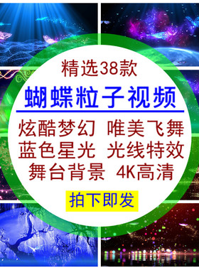 蝴蝶粒子视频素材炫酷梦幻唯美飞舞蓝色星光空舞台光线特效背景