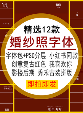 婚纱照字体创意复古红色我喜欢你秀禾古装版PSD模板后期设计素材