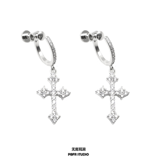 满钻十字架耳夹男女潮无需耳洞欧美嘻哈风镶钻锆石时尚情侣耳饰