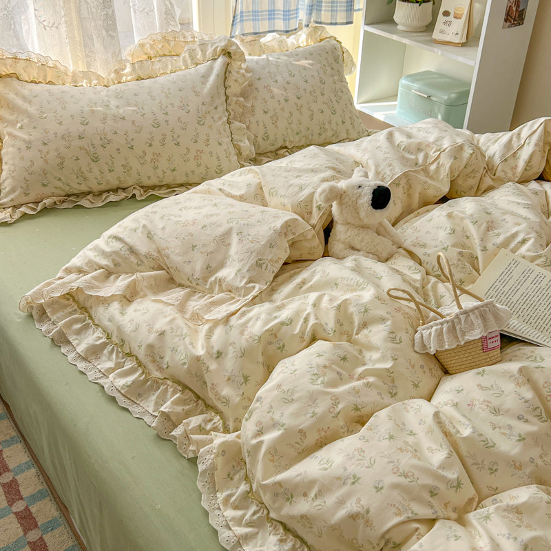 法式奶油小清新双层花边全棉床上四件套纯棉被套床单床笠双人1.8m,床上用品,床品套件/四件套/多件套,淘宝优惠券,粉丝福利购,淘宝优惠卷