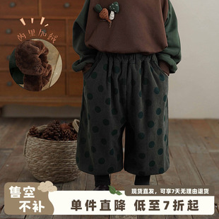 砚台家韩范儿童绿色波点束脚裤女童加绒灯芯绒裤子宝宝长裤冬季
