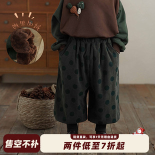砚台家韩范儿童绿色波点束脚裤女童加绒灯芯绒裤子宝宝长裤冬季