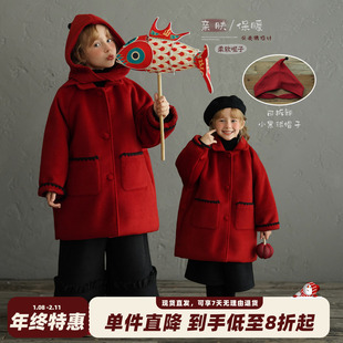 砚台家女童毛呢大衣红色中长款夹棉冬装新款宝宝新年加厚保暖外套