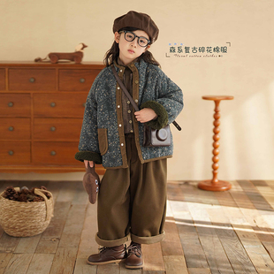 砚台家童装森系加厚碎花棉服女童圆领单排扣外套宝宝拼色上衣冬装