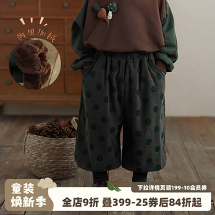 砚台家韩范儿童绿色波点束脚裤女童加绒灯芯绒裤子宝宝长裤冬季
