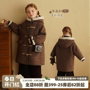 砚台家女童加绒加厚格子连帽外套冬装新款宝宝中长款洋气保暖大衣