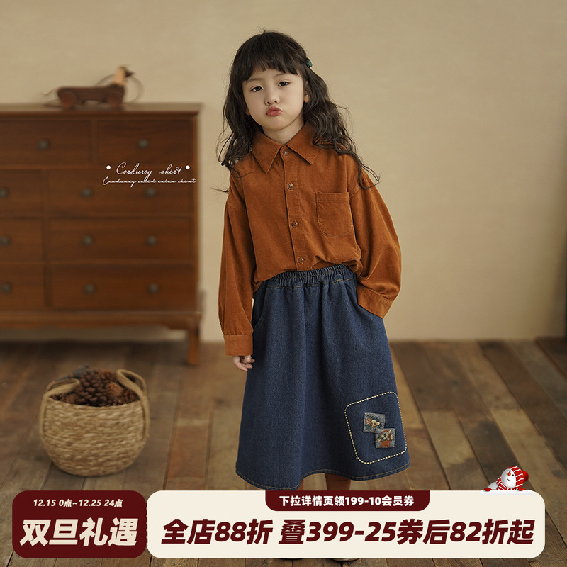 砚台家亲子装橘色女童衬衣秋冬款儿童灯芯绒衬衫女孩宝宝纯棉上衣