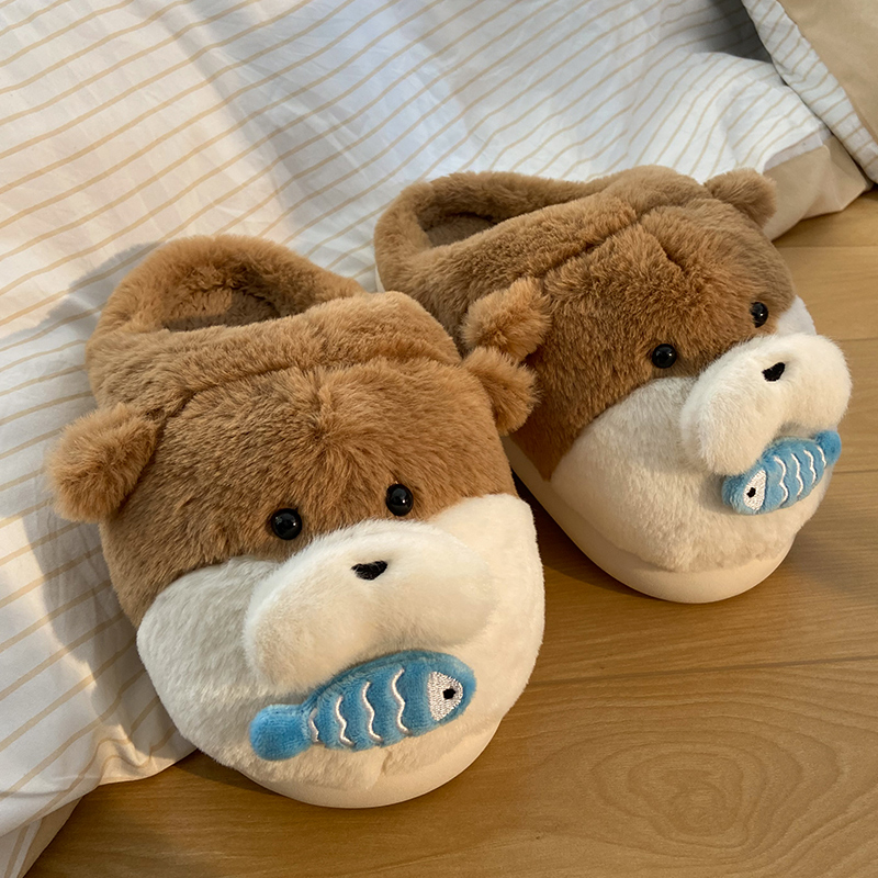 卡通熊棉拖鞋女士冬季室内家居2024新款可爱厚底毛毛绒拖鞋女冬天