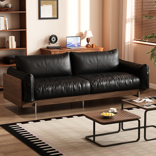 黑胡桃木实木沙发头层牛皮客厅家用中古风高端四人位直排真皮沙发