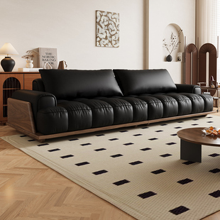 黑胡桃木实木沙发头层牛皮客厅家用中古风高端四人位直排真皮沙发