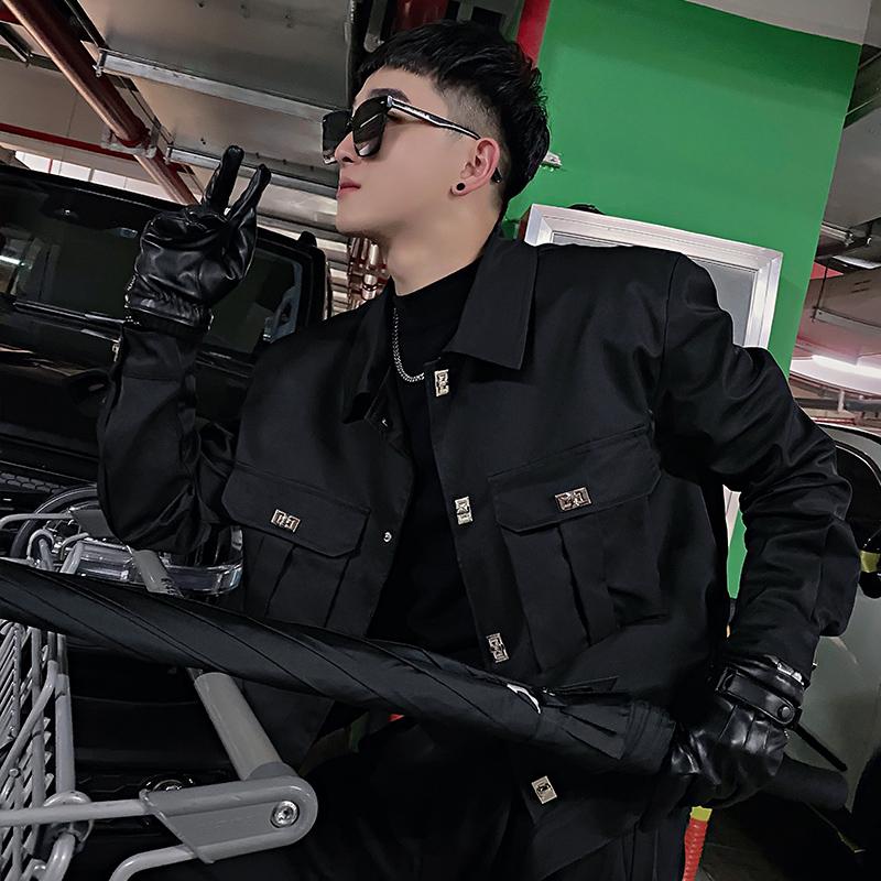 高级感立体口袋男黑色外套潮牌2024新款休闲百搭翻领夹克潮流上衣