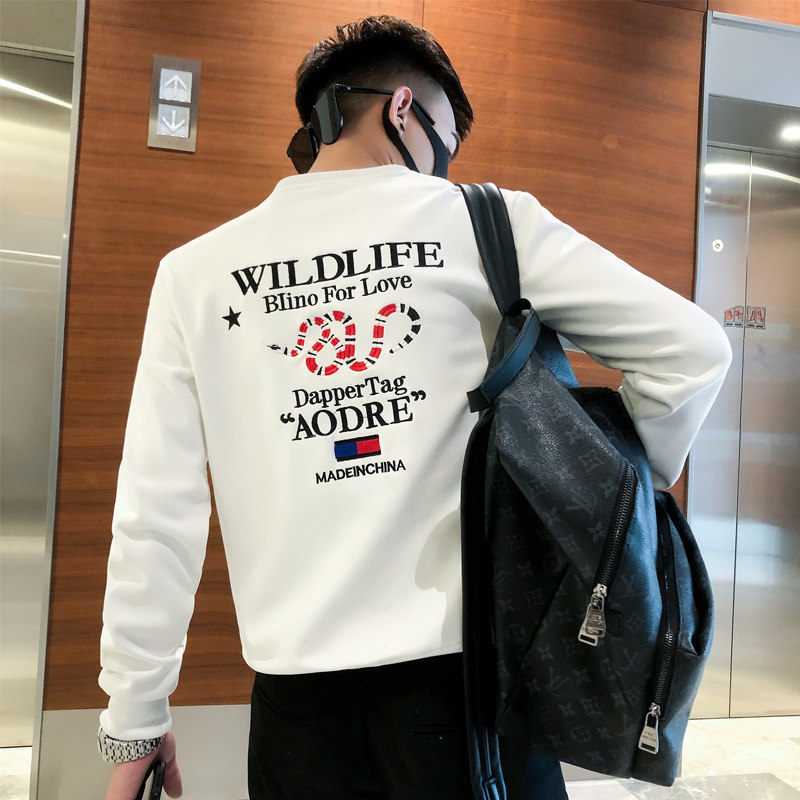 男装2023秋冬季痞帅印花卫衣男圆领修身休闲长袖潮流潮牌白色外套