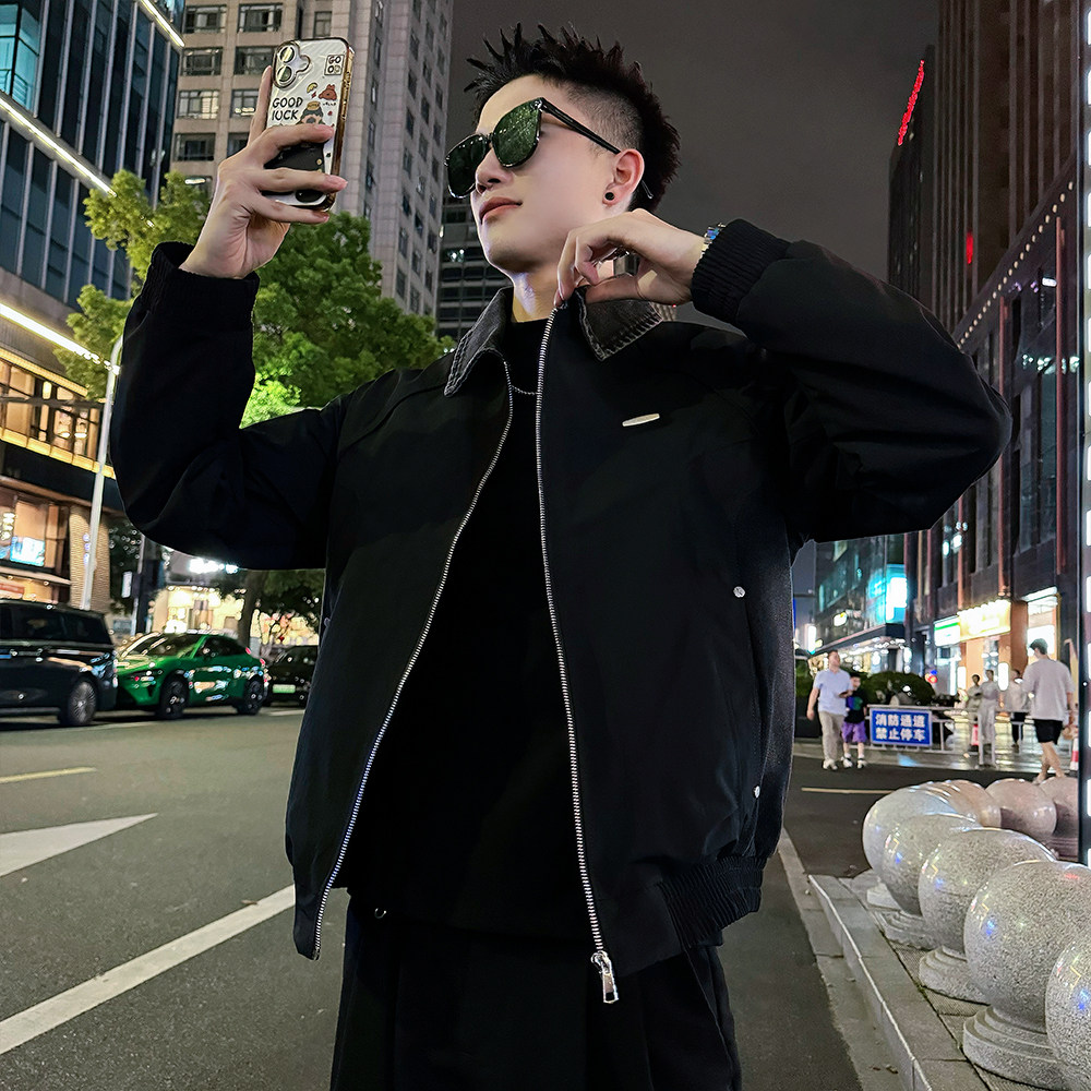 牛仔翻领拼接夹克外套男