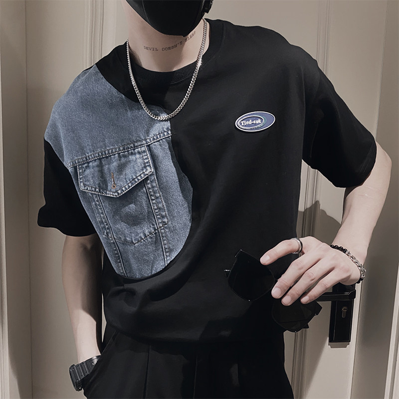 高级感设计T恤男夏季牛仔拼料上衣短袖2023男装潮牌衣服夏装半袖t