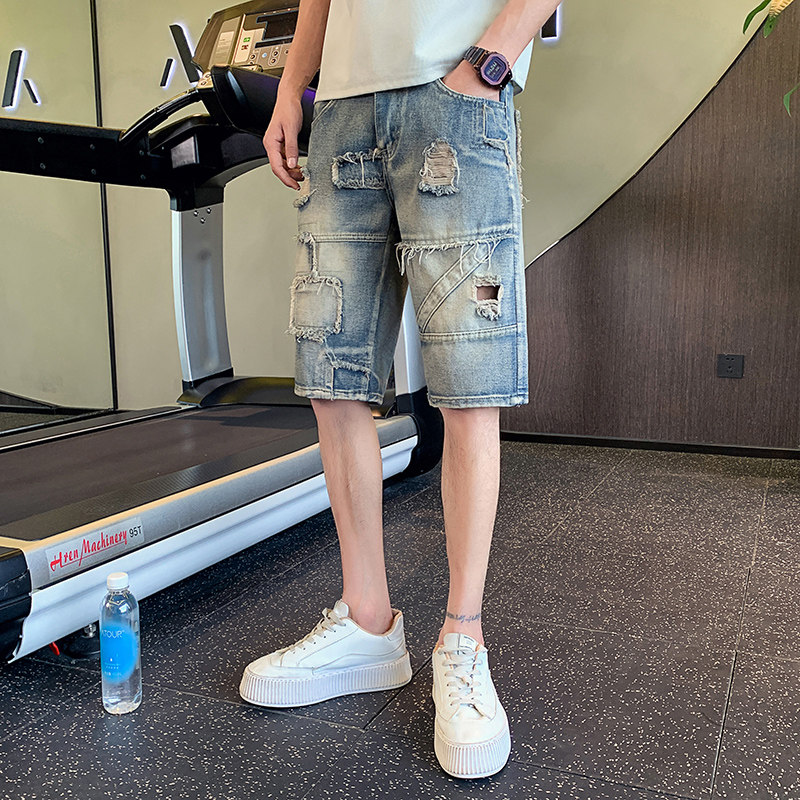 夏季男士牛仔裤短裤直筒潮流潮牌2023新款破洞浅蓝色大裤衩痞帅男