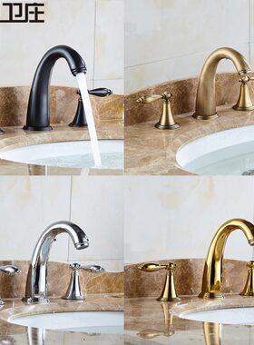 黄铜黑仿古龙头三孔面盆分体式水龙头浴室柜土豪金黑色龙头三件套