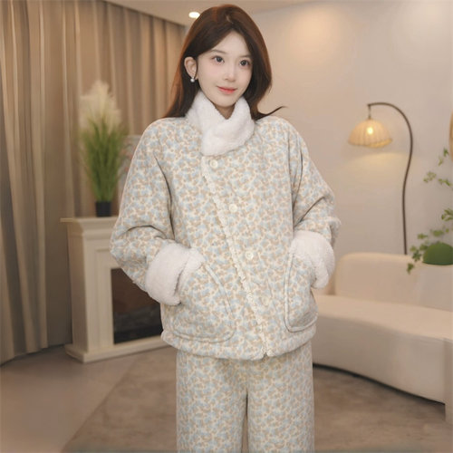 甜美加厚碎花毛绒绒立领睡衣套装女冬季新款洋气宽松居家服两件套