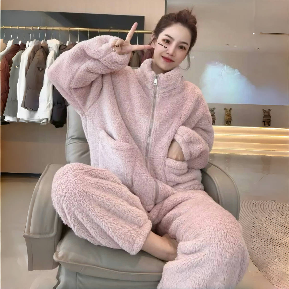 立领加绒加厚居家服两件套