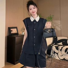 法式时尚套装女2025超火两件套夏装高级感polo领无袖上衣阔腿短裤