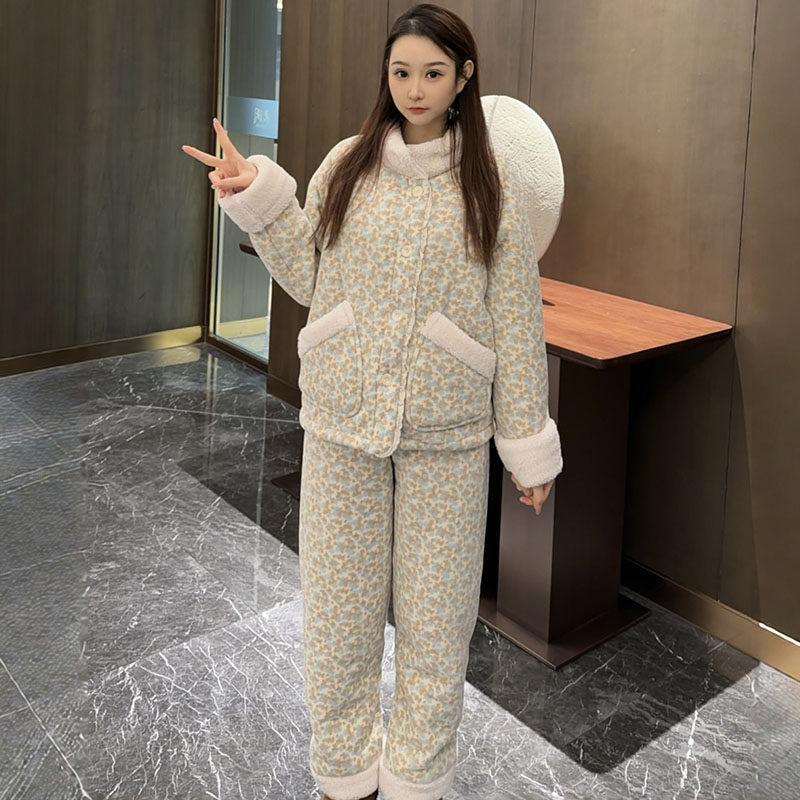 冬季甜美加绒加厚碎花毛绒绒立领睡衣套装女新款宽松居家服两件套