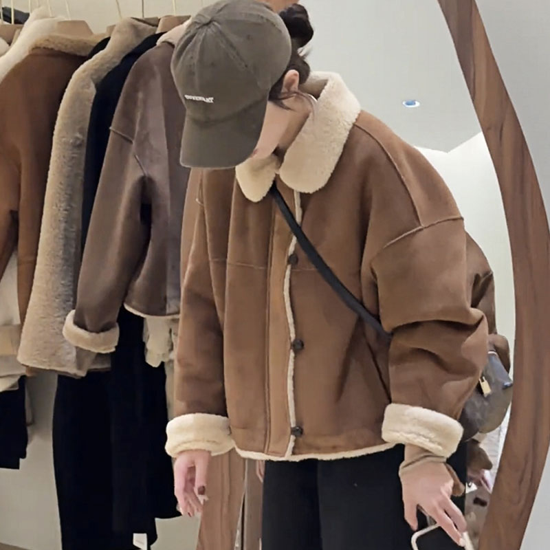 美式洋气加厚保暖毛毛翻领短外套