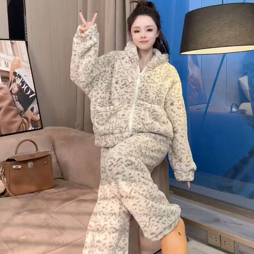 韩版洋气豹纹连帽睡衣套装