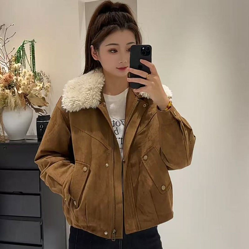 可拆卸翻领毛毛拉链短外套