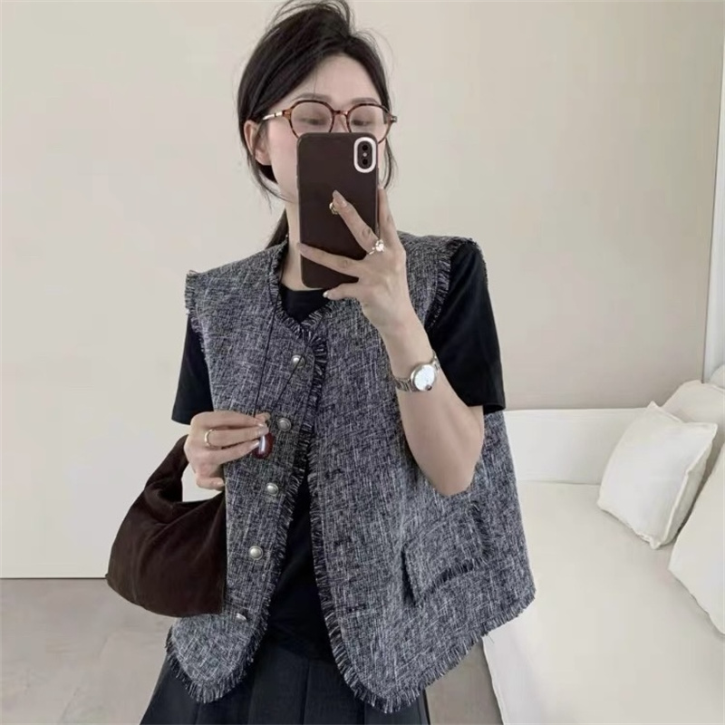 小香风复古流苏毛边单排扣马夹