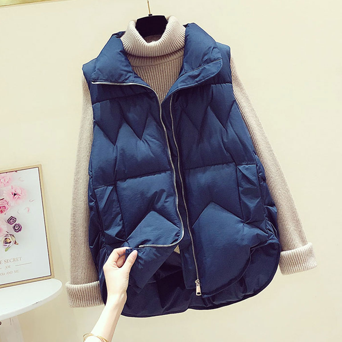 保暖显瘦纯色立领加厚羽绒棉马夹