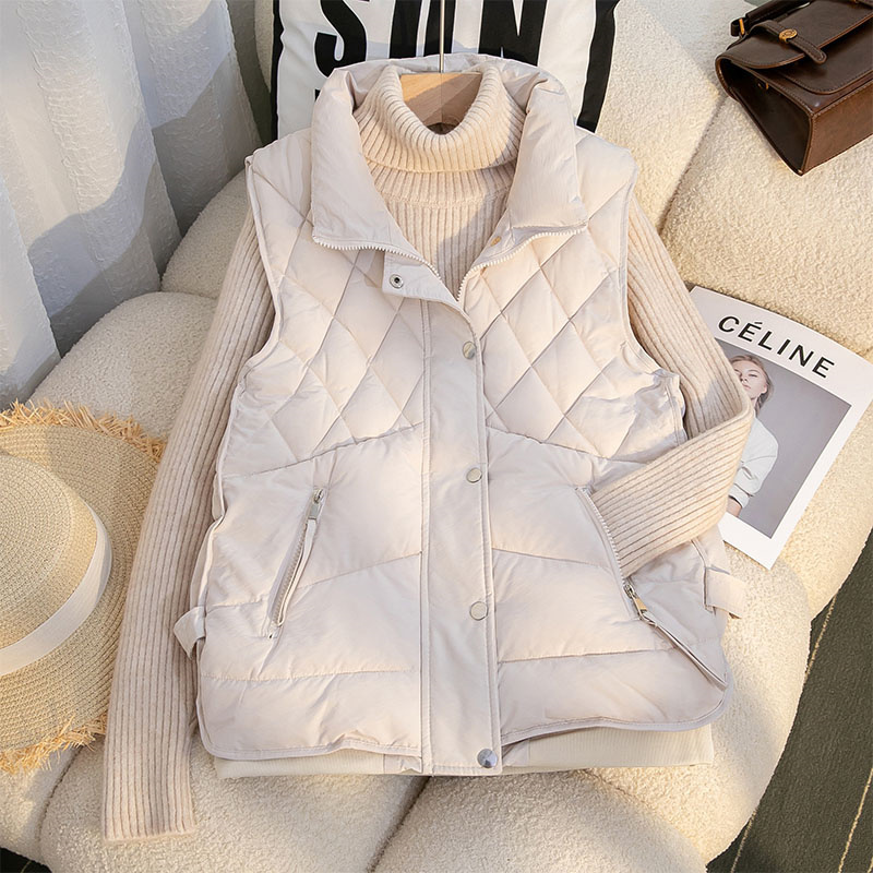 洋气百搭菱形格口袋棉马甲外套