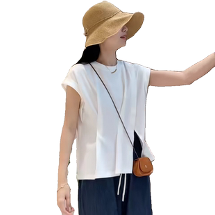 韩版气质收腰圆领T恤女2024夏季小众设计感落肩袖下摆开叉上衣潮