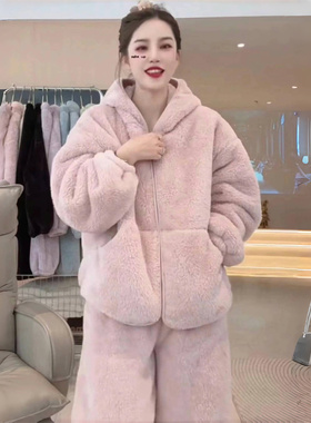 冬天厚家居服套装连帽插兜加绒加厚宽松居家服两件套女2024新款潮