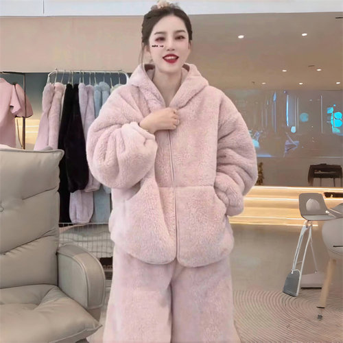 冬天厚家居服套装连帽插兜加绒加厚宽松居家服两件套女2024新款潮