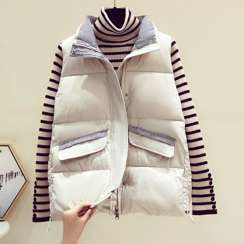 百搭羽绒棉马甲女坎肩2024秋冬季款无袖口袋条纹格子设计马夹上衣